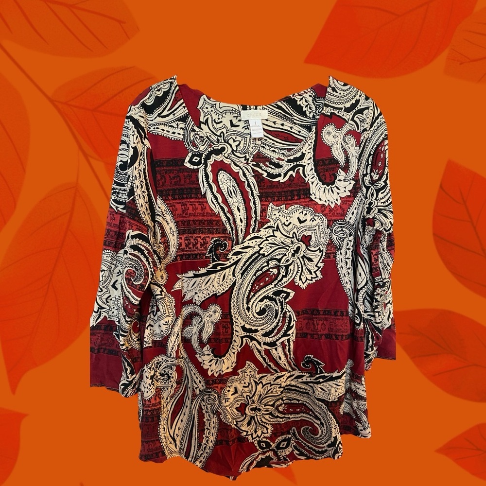 Chicos Red and Black Paisley Blouse, Chicos Size 1/Medium/Size 8